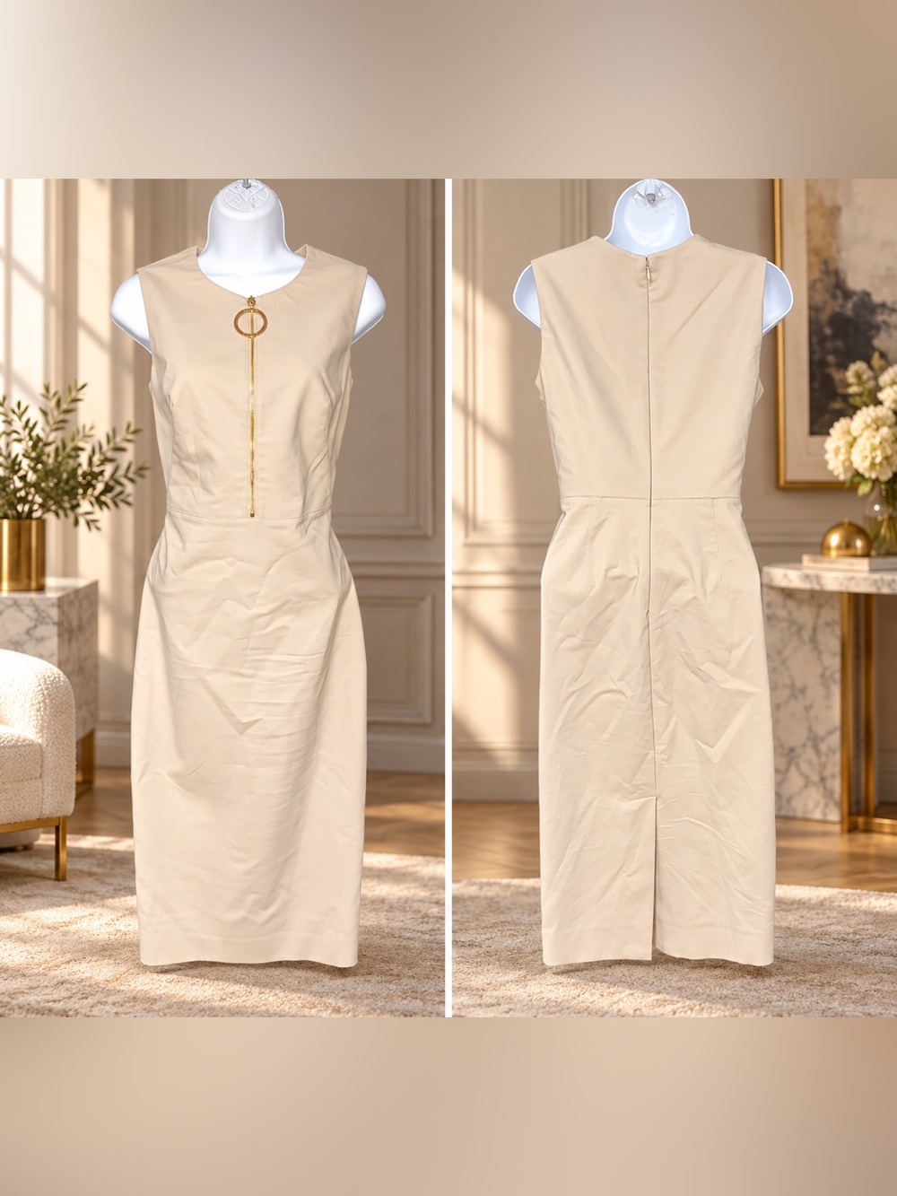 Calvin Klein Beige Sleeveless Sheath Dress with Gold Ring Zipper — Size (4)